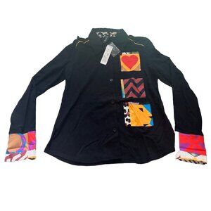 Berek Animal Collage Patched Women Button Shirt Retail Price $155 Black